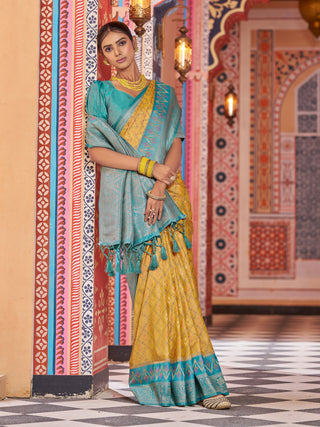 Yellow Elegant Banarasi Tissue Silk Saree with Zari Woven Design ClothsVilla