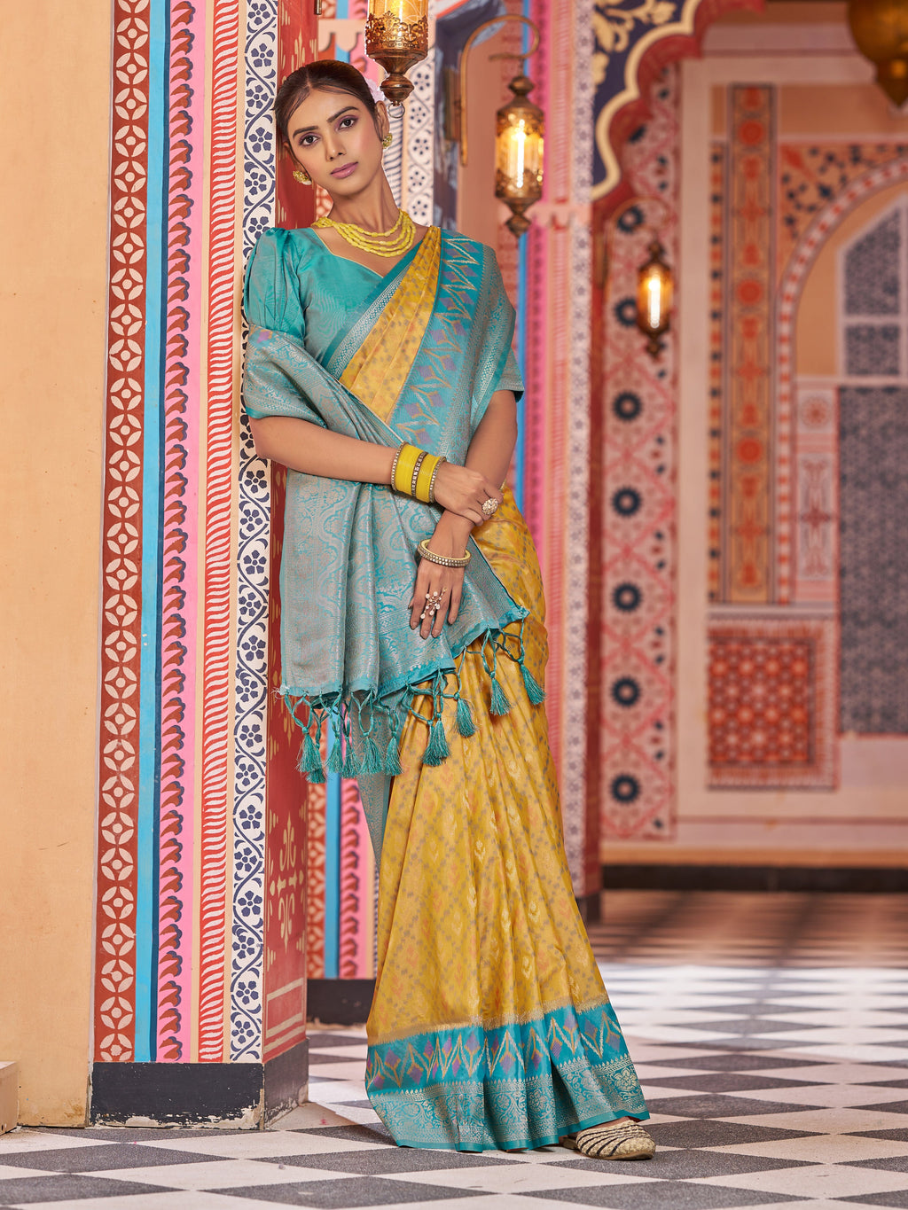 Yellow Elegant Banarasi Tissue Silk Saree with Zari Woven Design ClothsVilla