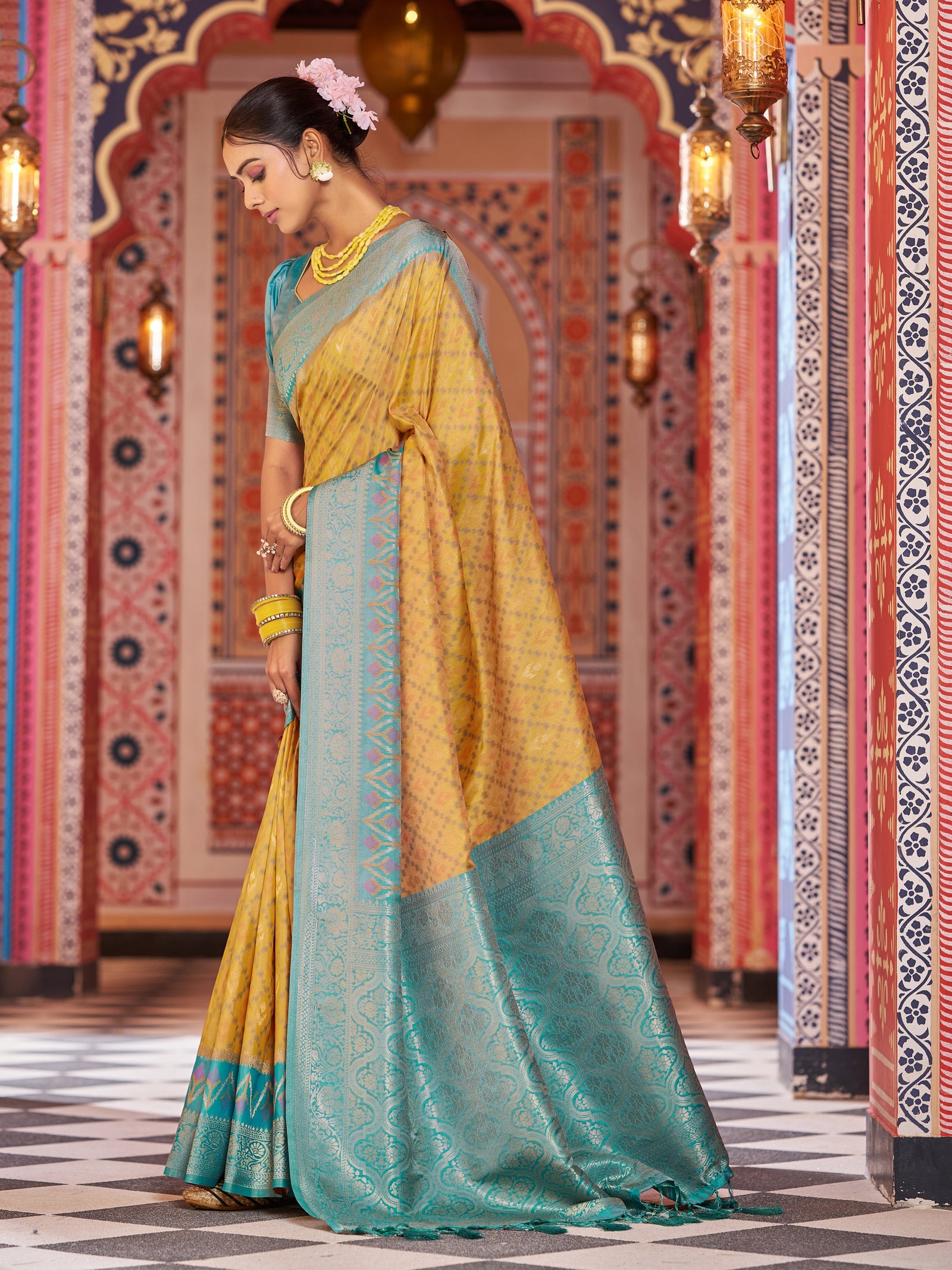 Yellow Elegant Banarasi Tissue Silk Saree with Zari Woven Design ClothsVilla
