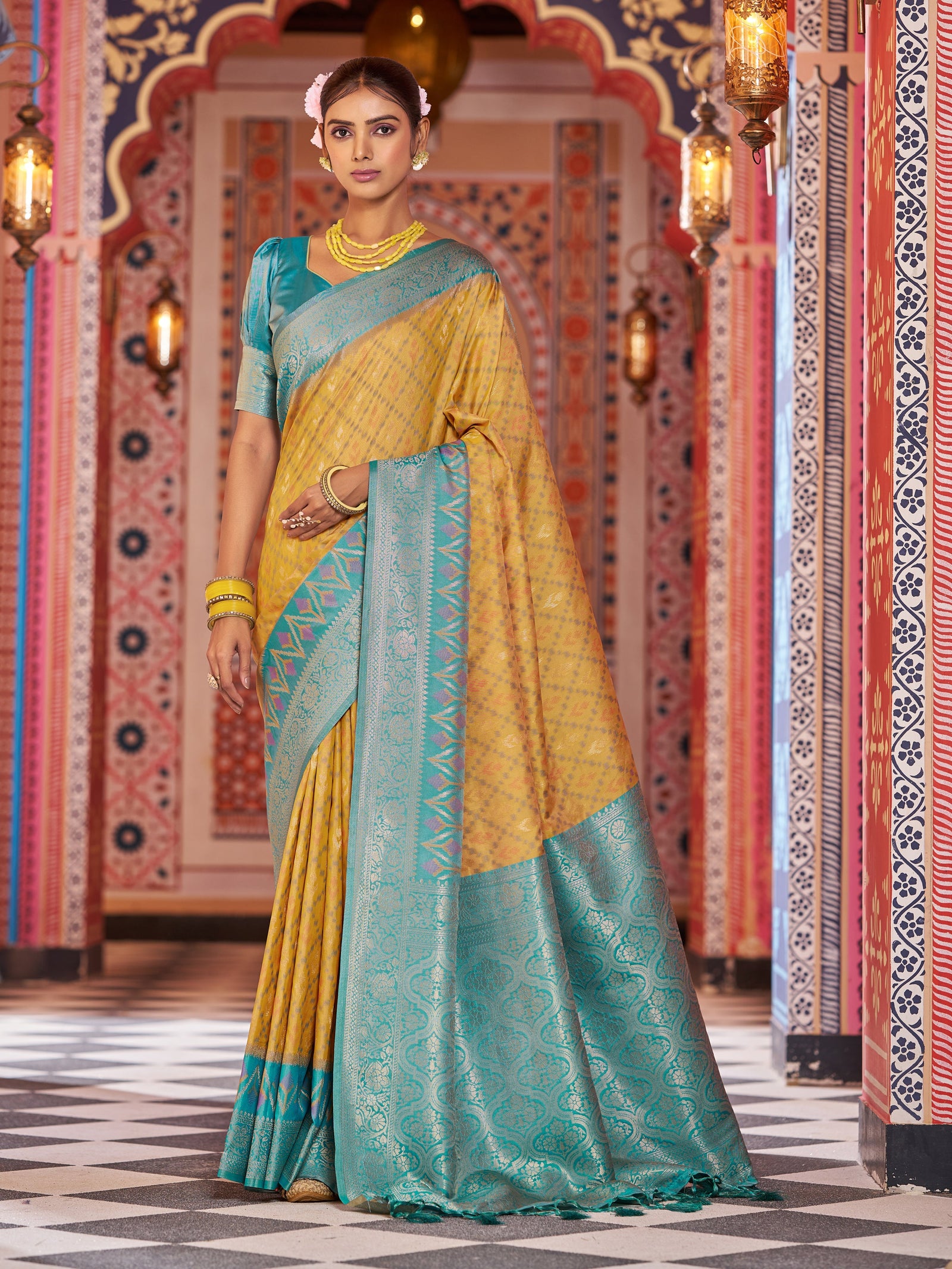 Yellow Elegant Banarasi Tissue Silk Saree with Zari Woven Design ClothsVilla