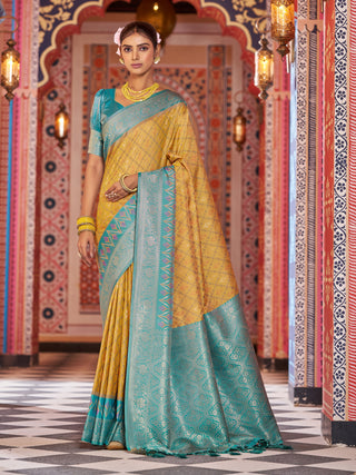Yellow Elegant Banarasi Tissue Silk Saree with Zari Woven Design ClothsVilla
