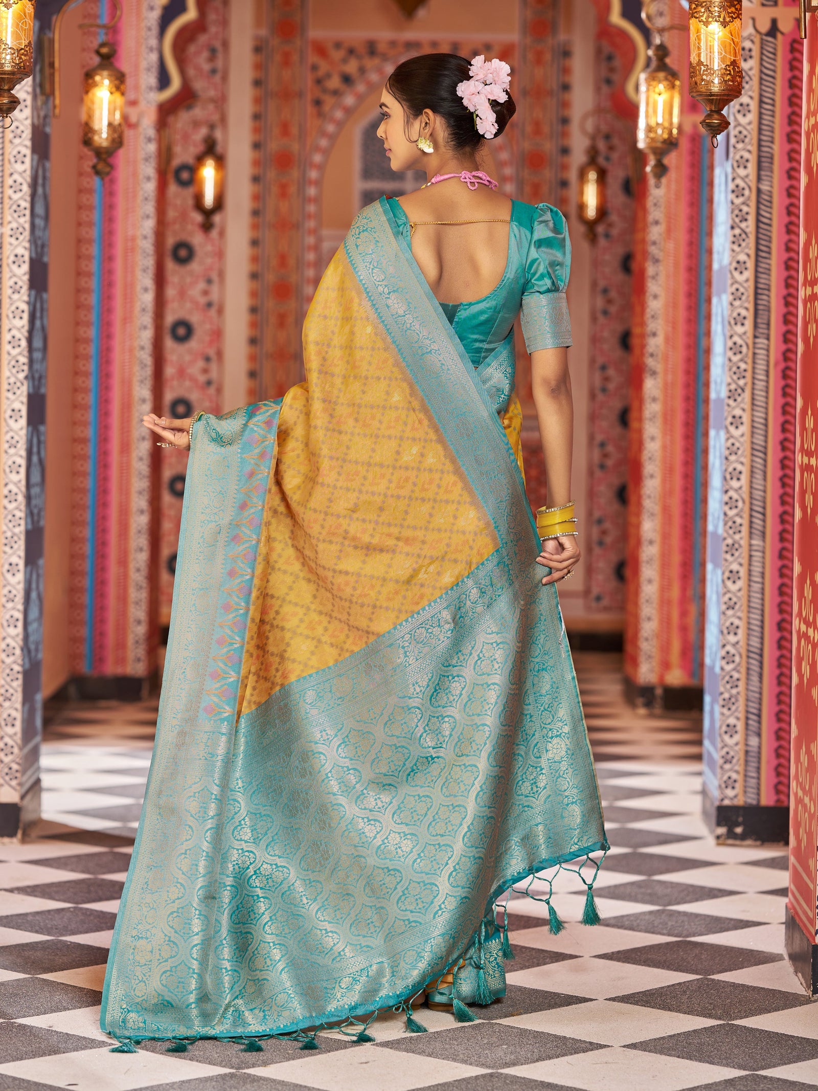 Yellow Elegant Banarasi Tissue Silk Saree with Zari Woven Design ClothsVilla