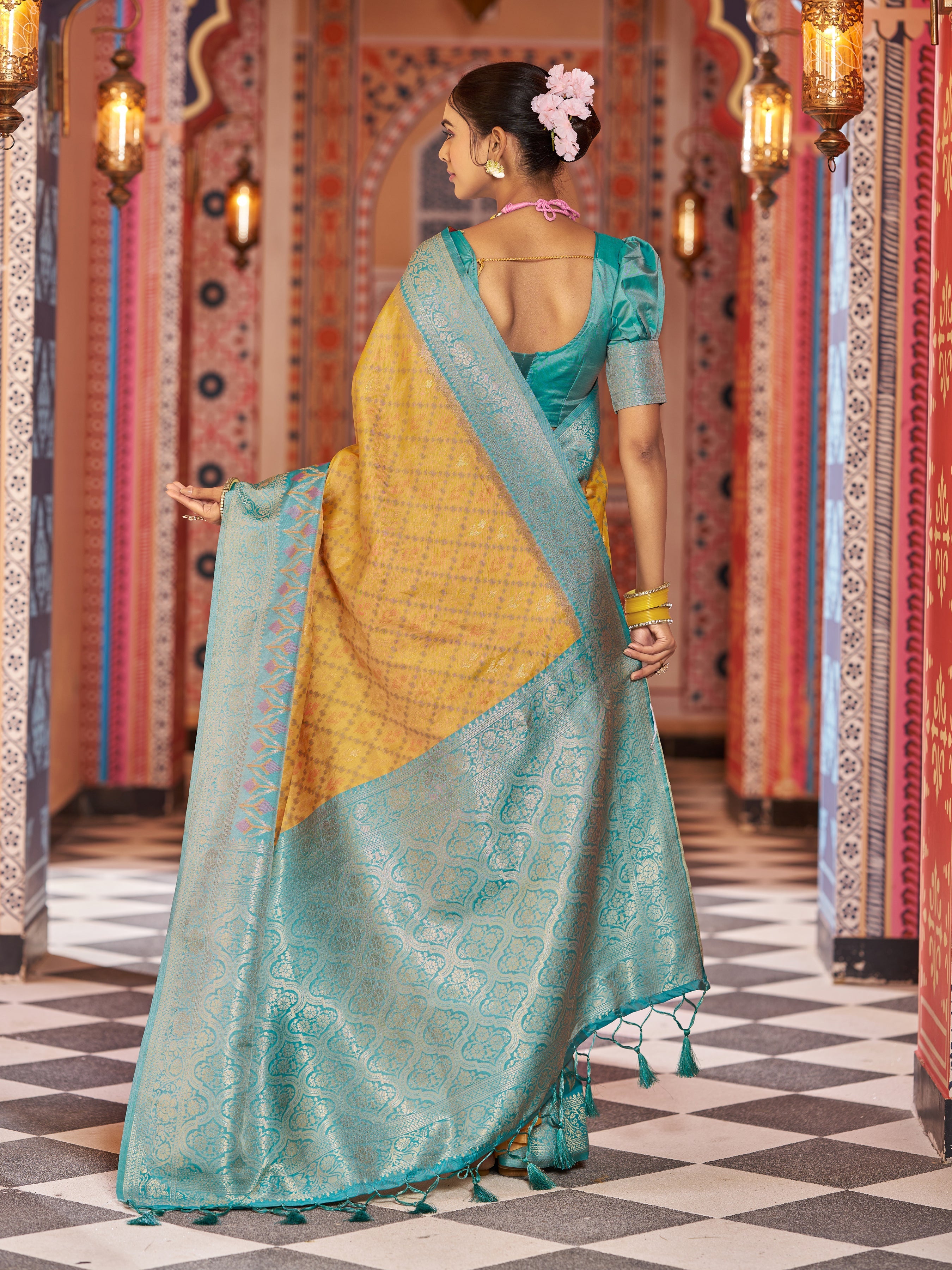 Yellow Elegant Banarasi Tissue Silk Saree with Zari Woven Design ClothsVilla