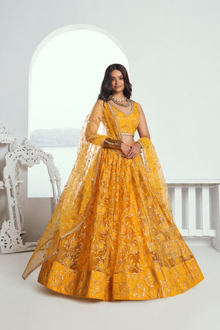 Yellow Elegant Butterfly Net Lehenga with Tone-to-Tone Embroidery