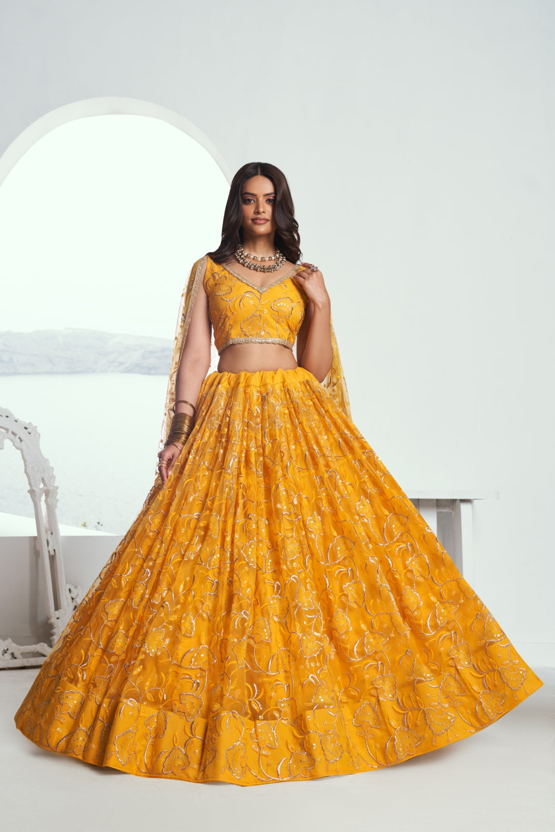 Yellow Elegant Butterfly Net Lehenga with Tone-to-Tone Embroidery
