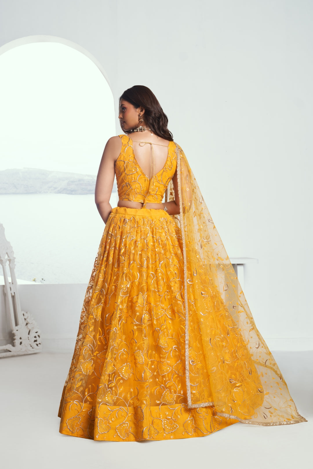 Yellow Elegant Butterfly Net Lehenga with Tone-to-Tone Embroidery