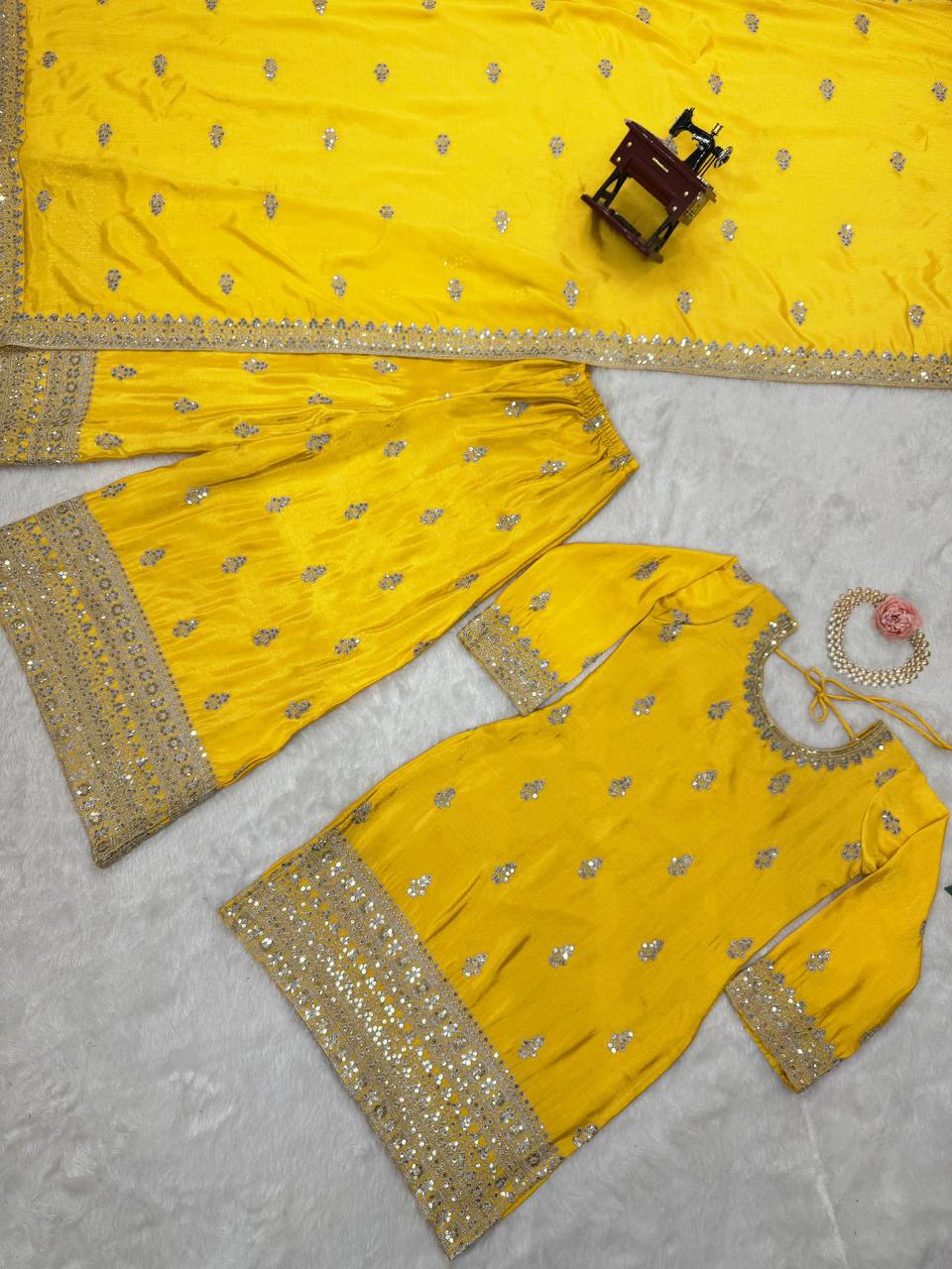 Yellow Elegant Chinon Silk Ensemble – Top, Plazo & Dupatta ClothsVilla