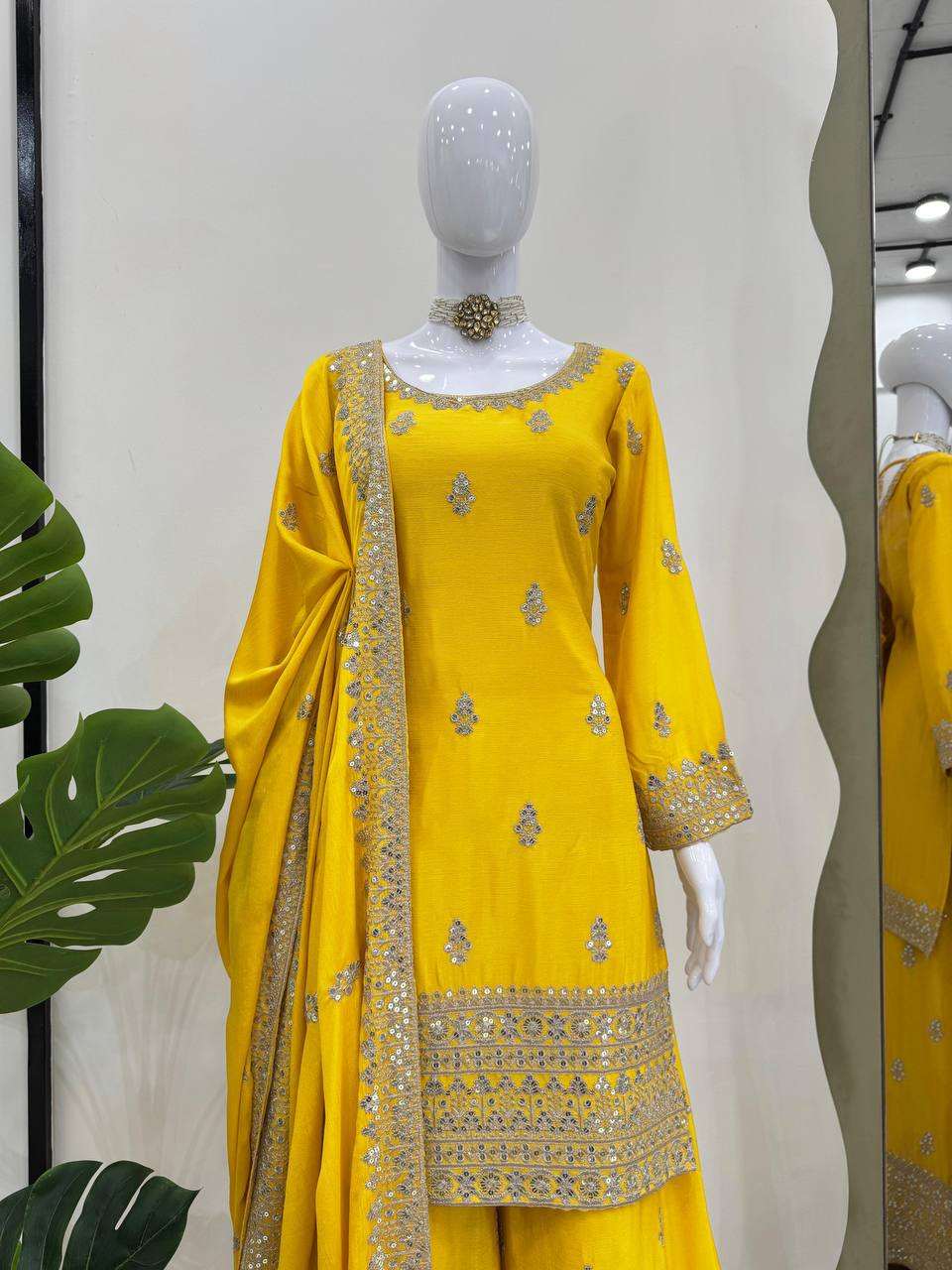 Yellow Elegant Chinon Silk Ensemble – Top, Plazo & Dupatta ClothsVilla