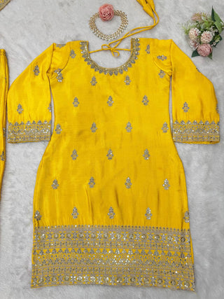 Yellow Elegant Chinon Silk Ensemble – Top, Plazo & Dupatta ClothsVilla