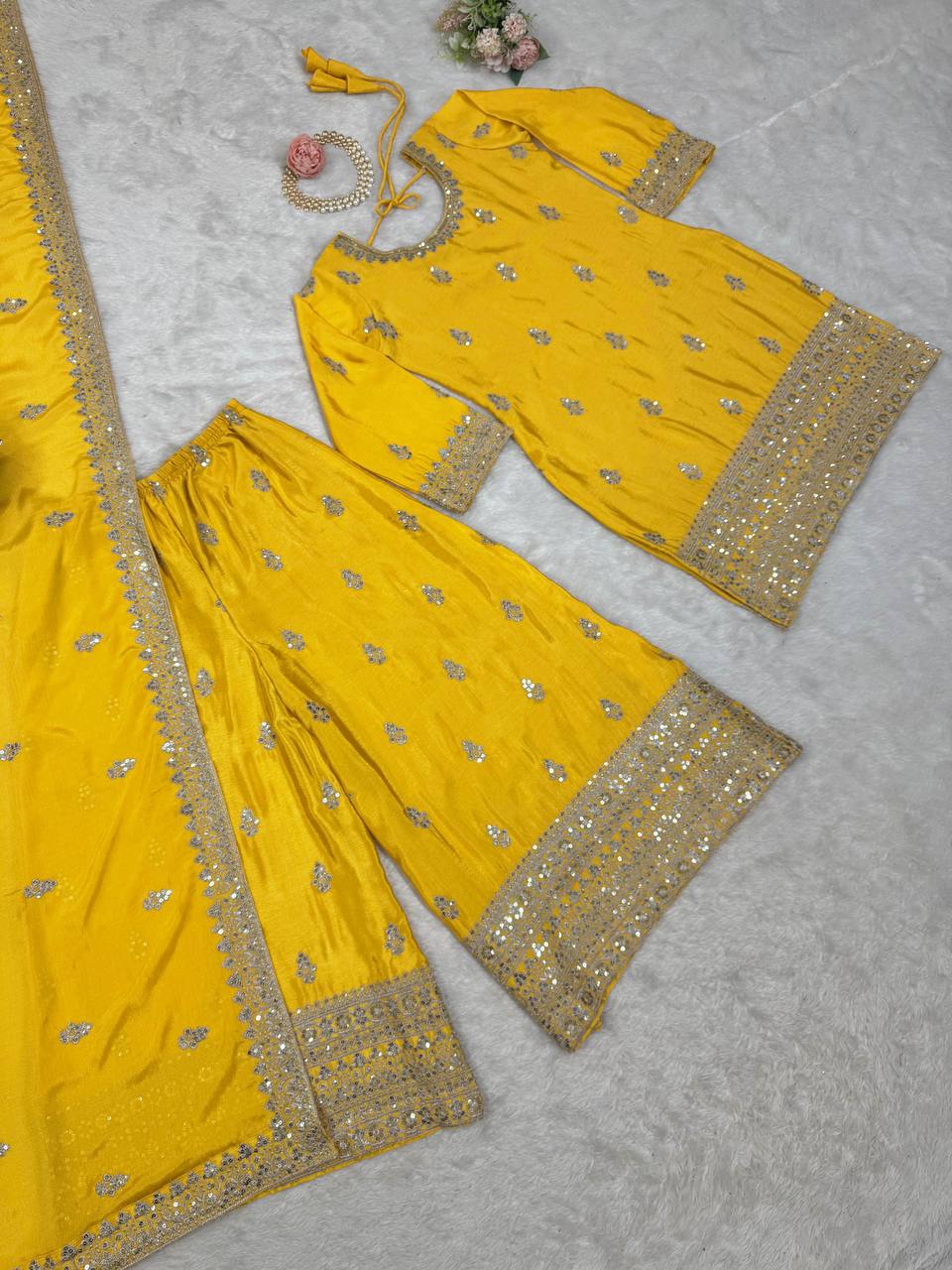 Yellow Elegant Chinon Silk Ensemble – Top, Plazo & Dupatta ClothsVilla
