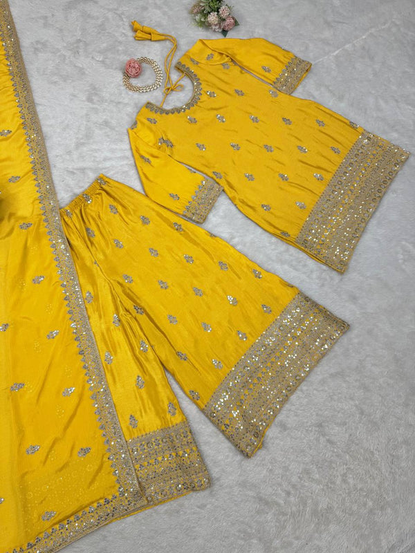 Yellow Elegant Chinon Silk Ensemble – Top, Plazo & Dupatta ClothsVilla