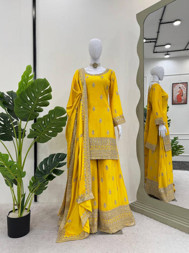 Yellow Elegant Chinon Silk Ensemble – Top, Plazo & Dupatta ClothsVilla