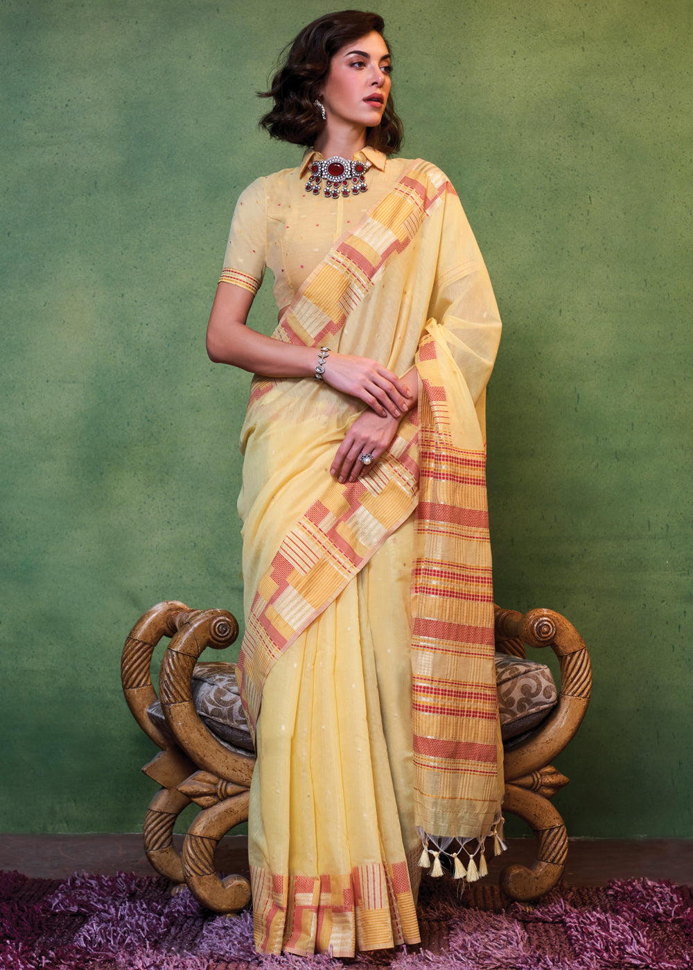 Yellow Elegant Cotton Silk Blended Saree – Graceful & Lustrous Drape ClothsVilla