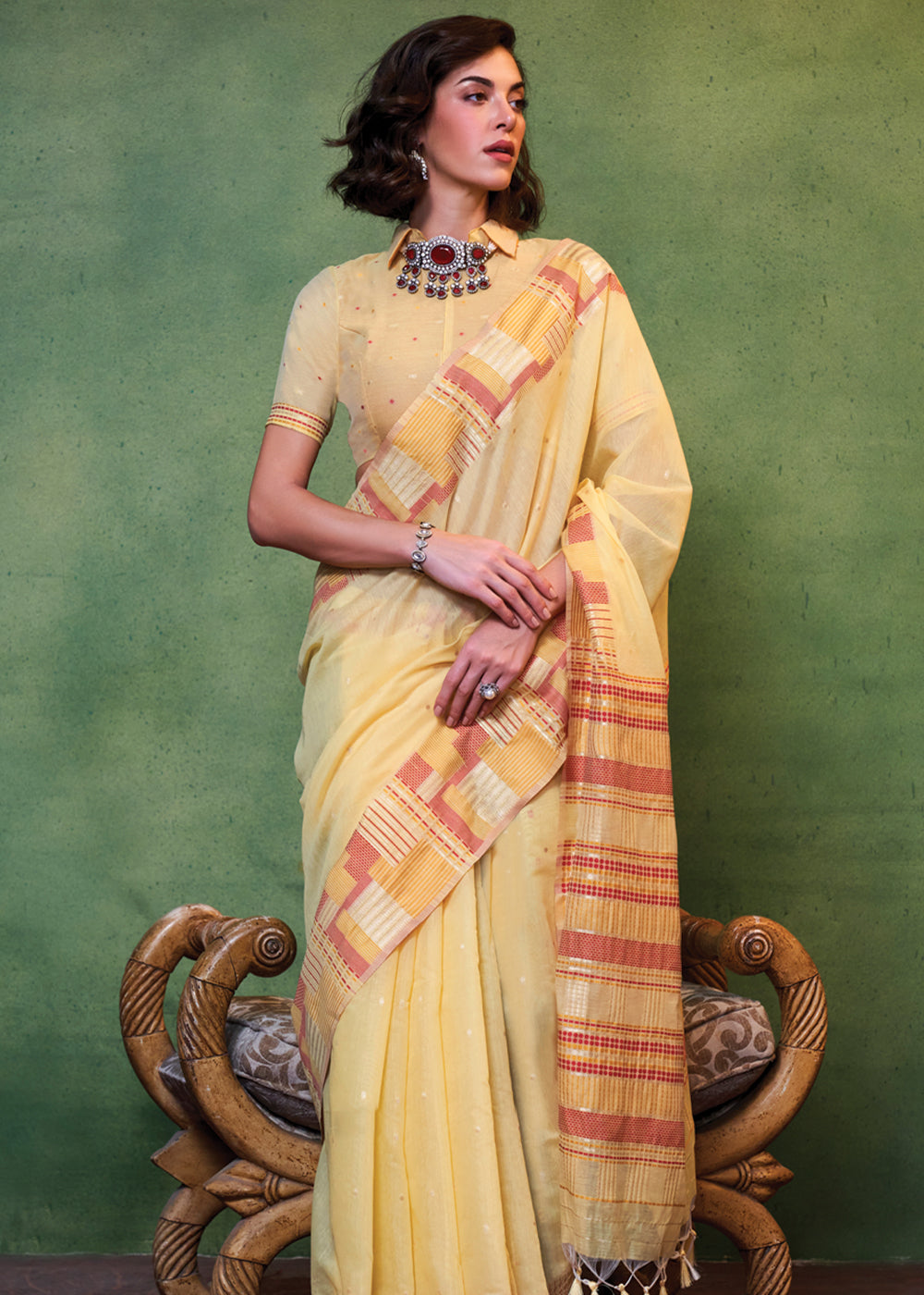 Yellow Elegant Cotton Silk Blended Saree – Graceful & Lustrous Drape ClothsVilla Main image