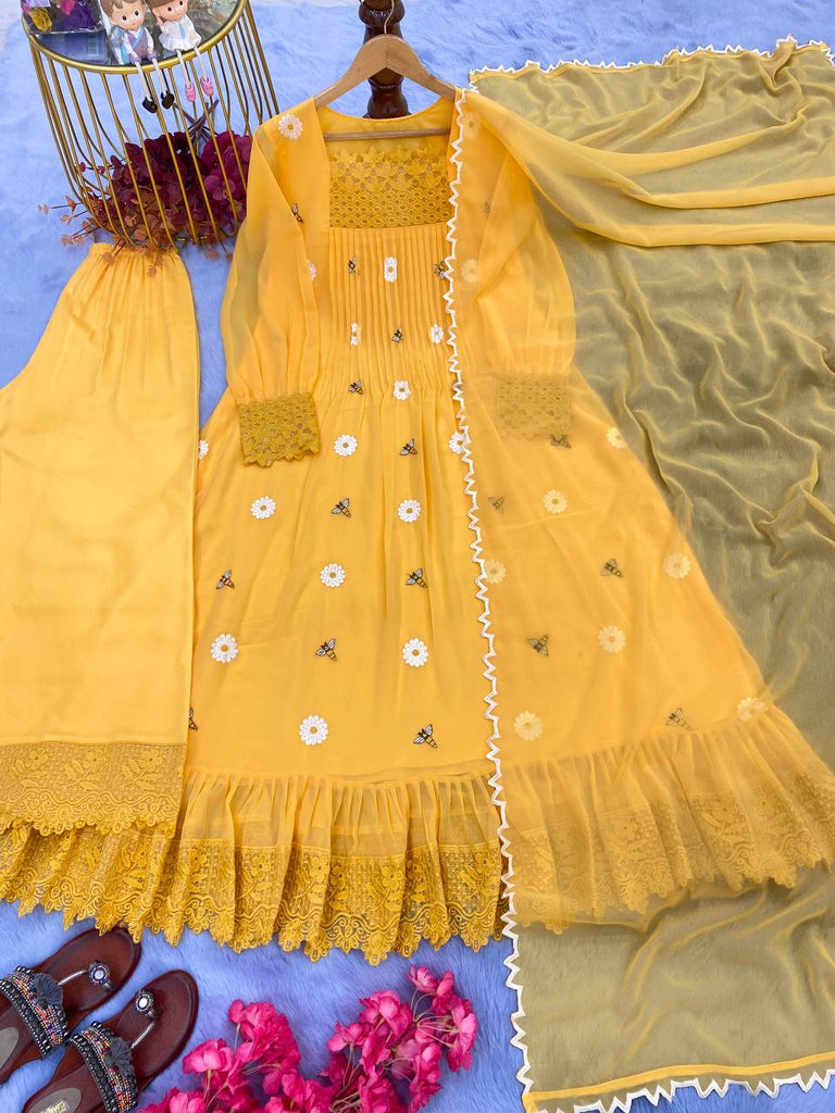 Yellow Elegant Designer Party Wear Gown Set with Palazzo & Dupatta Clothsvilla