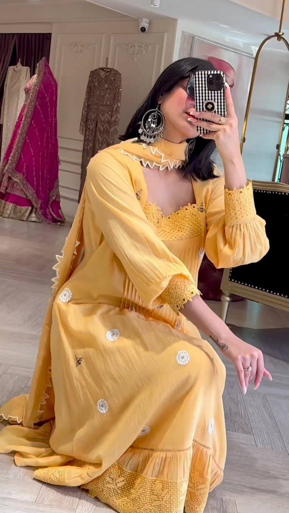 Yellow Elegant Designer Party Wear Gown Set with Palazzo & Dupatta Clothsvilla