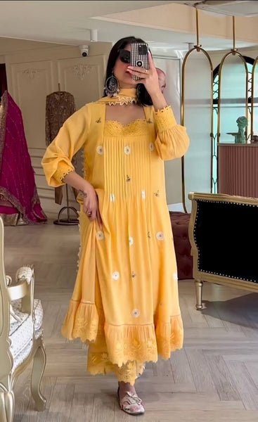 Yellow Party Wear Semi-Stitched Palazzo Suit With Designer Embroidery Work