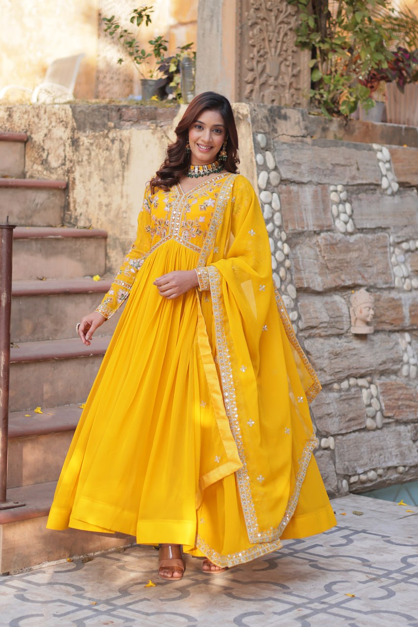 Yellow Elegant Embroidered Faux Blooming Gown with Dupatta – Luxe Festive Wear Main image