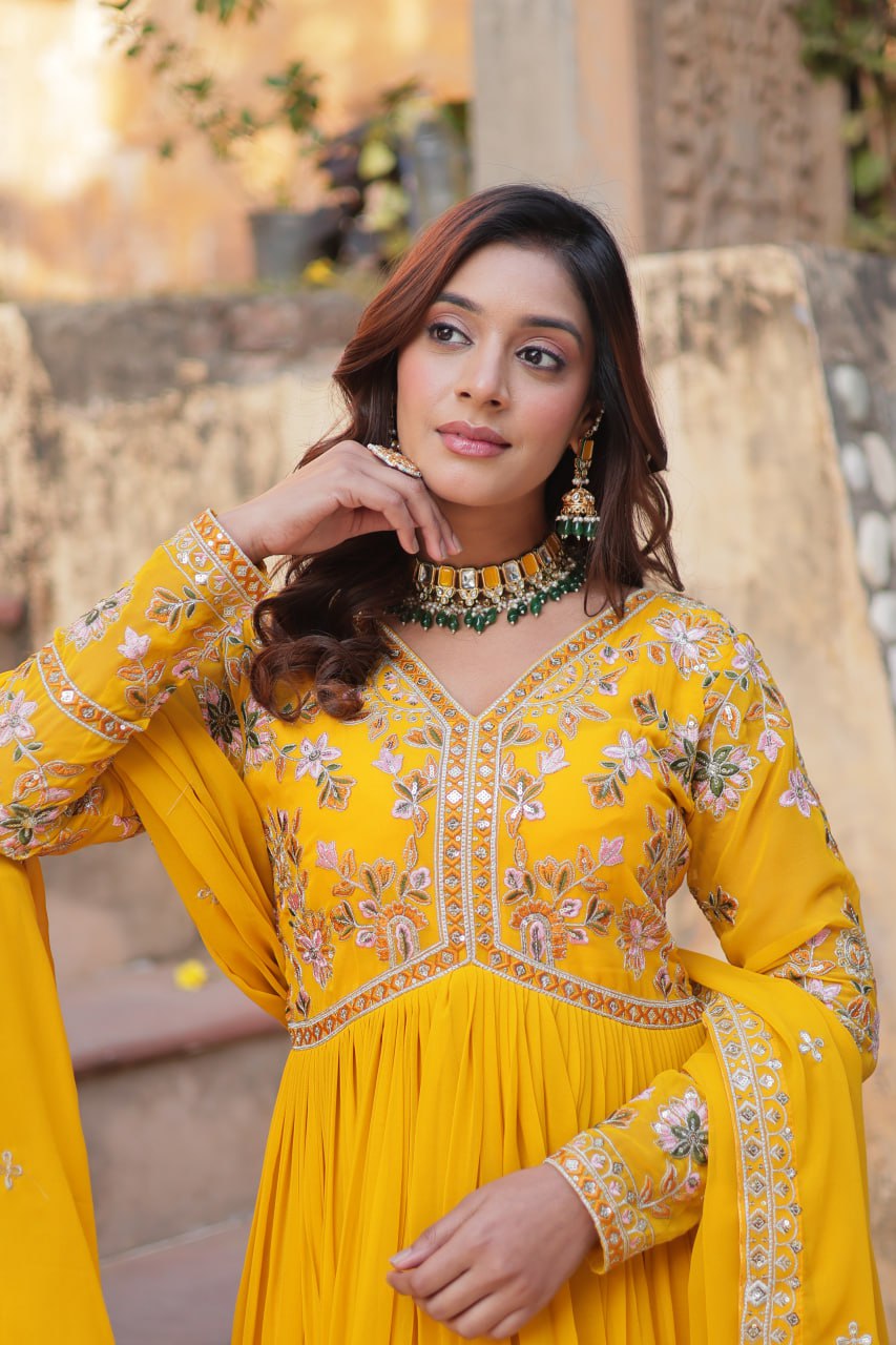 Yellow Elegant Embroidered Faux Blooming Gown with Dupatta – Luxe Festive Wear