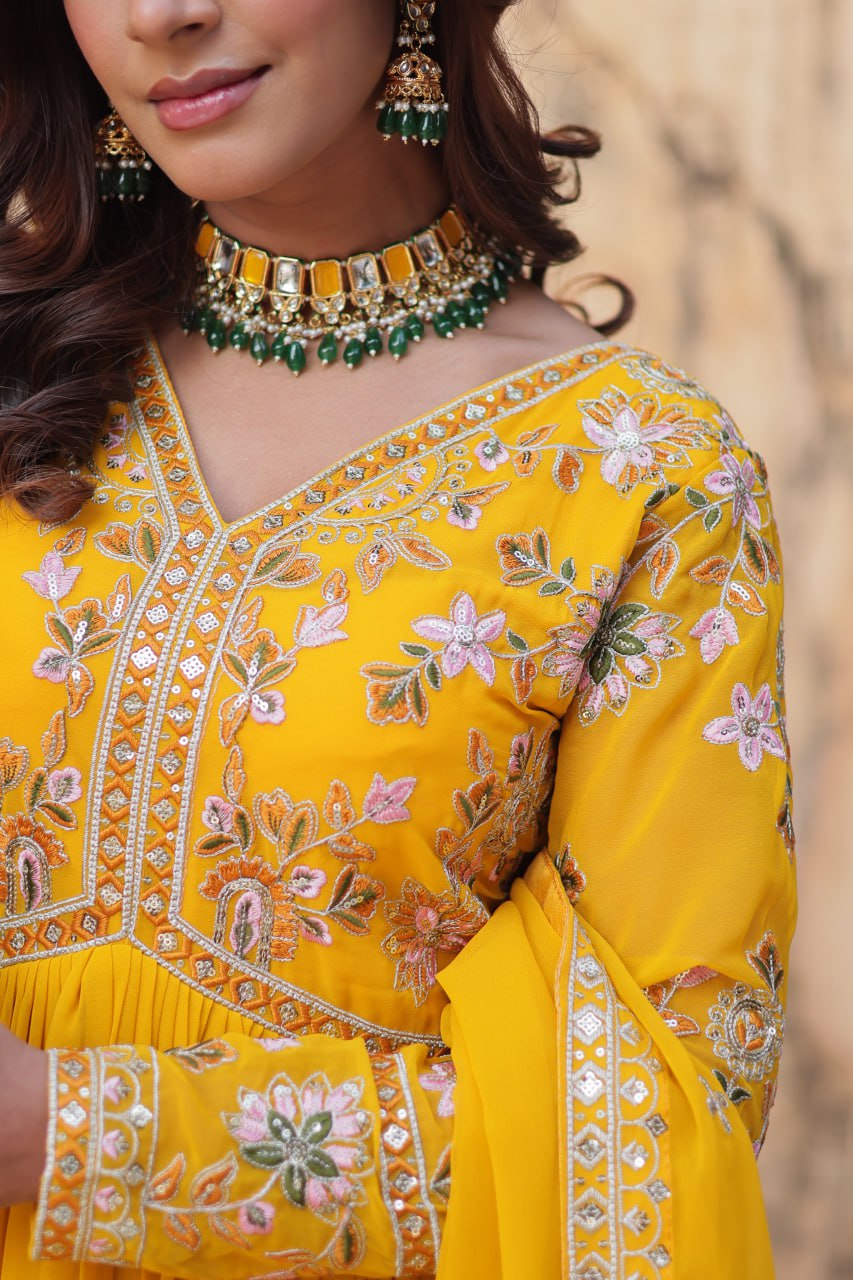 Yellow Elegant Embroidered Faux Blooming Gown with Dupatta – Luxe Festive Wear