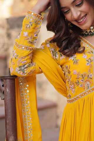 Yellow Elegant Embroidered Faux Blooming Gown with Dupatta – Luxe Festive Wear