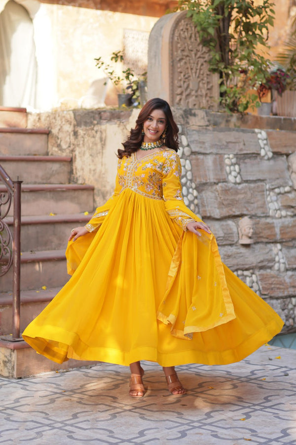 Yellow Elegant Embroidered Faux Blooming Gown with Dupatta – Luxe Festive Wear