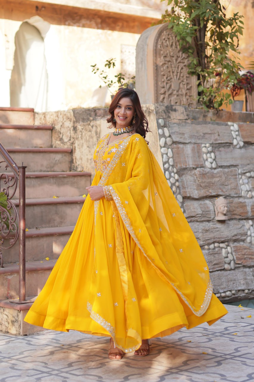 Yellow Elegant Embroidered Faux Blooming Gown with Dupatta – Luxe Festive Wear