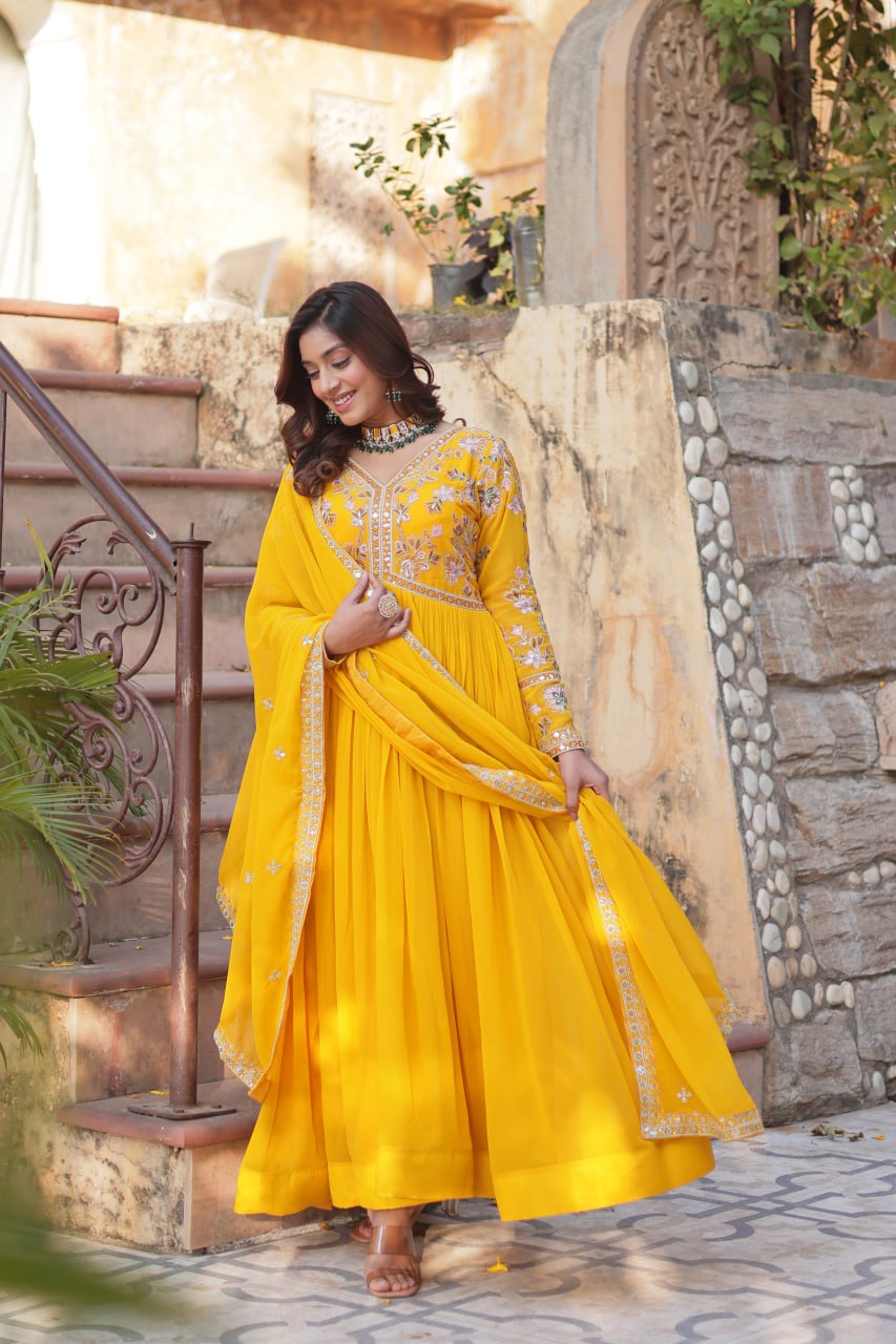 Yellow Elegant Embroidered Faux Blooming Gown with Dupatta – Luxe Festive Wear Secondary image