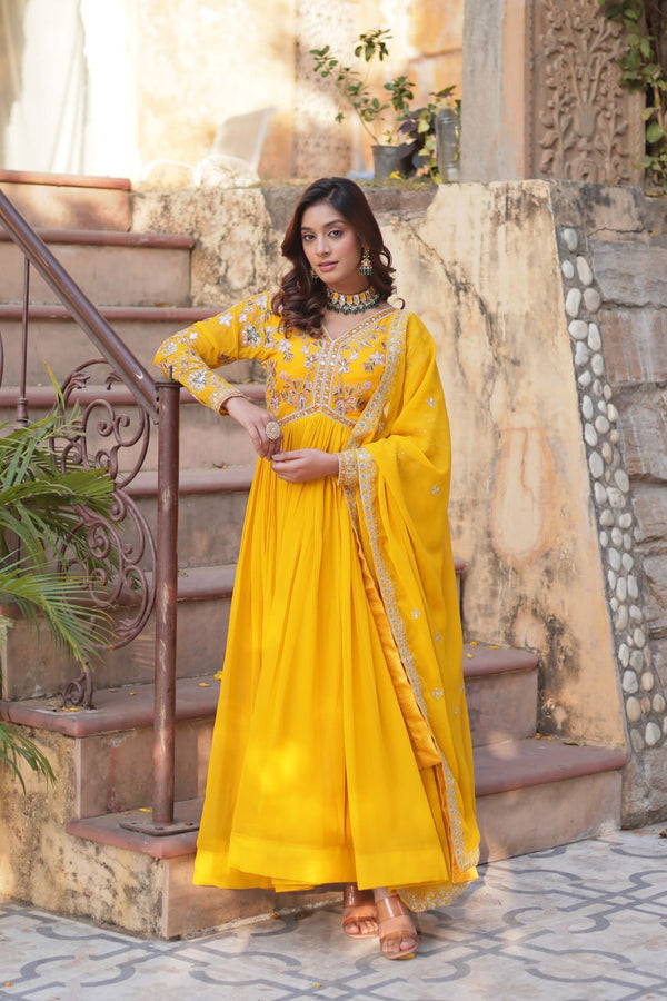 Yellow Elegant Embroidered Faux Blooming Gown with Dupatta – Luxe Festive Wear