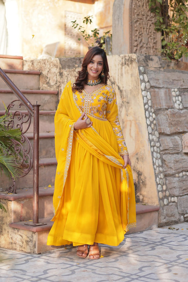 Yellow Elegant Embroidered Faux Blooming Gown with Dupatta – Luxe Festive Wear