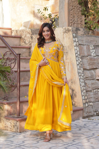 Yellow Elegant Embroidered Faux Blooming Gown with Dupatta – Luxe Festive Wear
