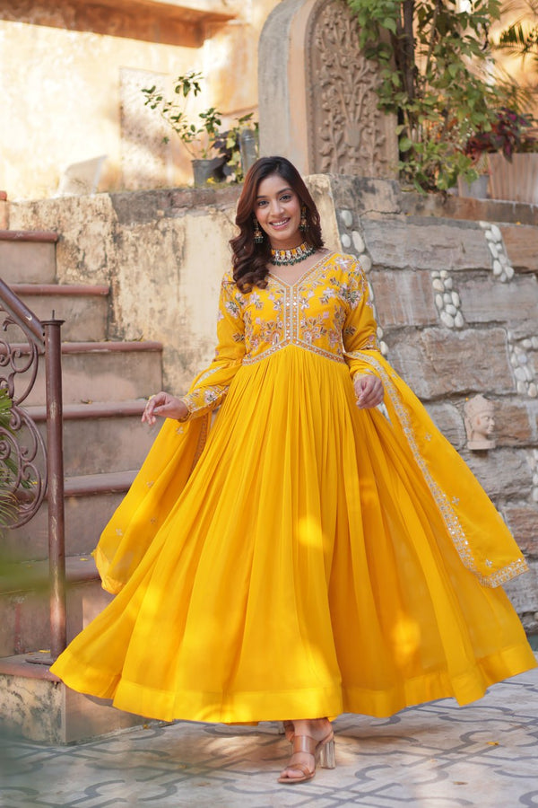 Yellow Elegant Embroidered Faux Blooming Gown with Dupatta – Luxe Festive Wear