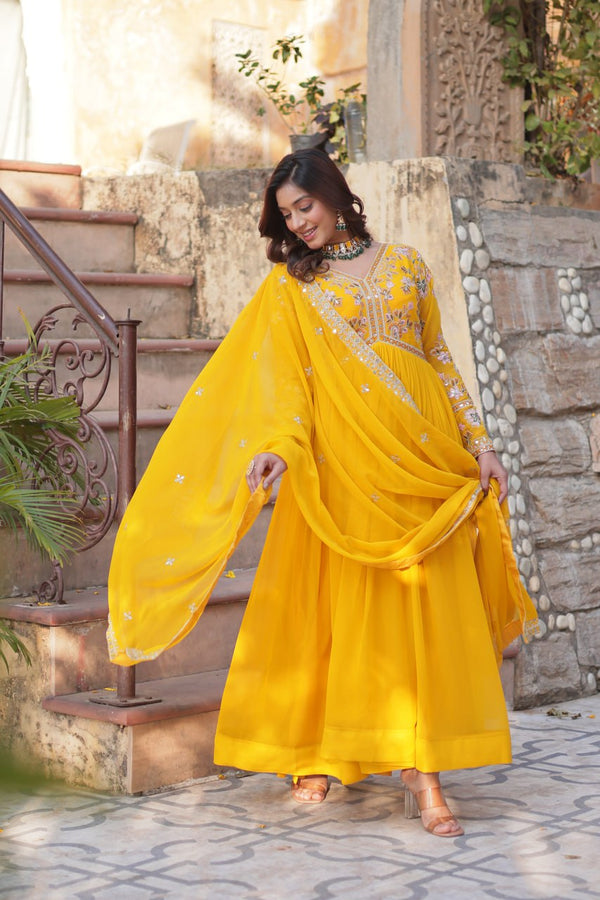Yellow Elegant Embroidered Faux Blooming Gown with Dupatta – Luxe Festive Wear