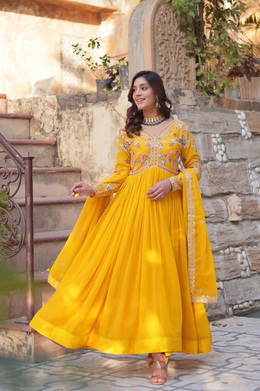 Yellow Elegant Embroidered Faux Blooming Gown with Dupatta – Luxe Festive Wear