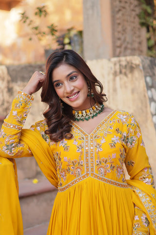 Yellow Elegant Embroidered Faux Blooming Gown with Dupatta – Luxe Festive Wear