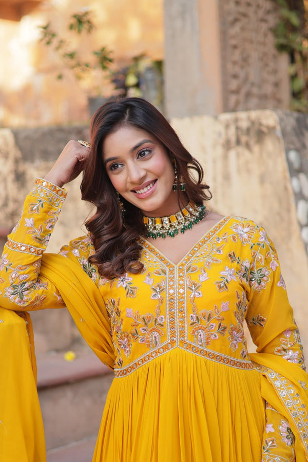 Yellow Elegant Embroidered Faux Blooming Gown with Dupatta – Luxe Festive Wear