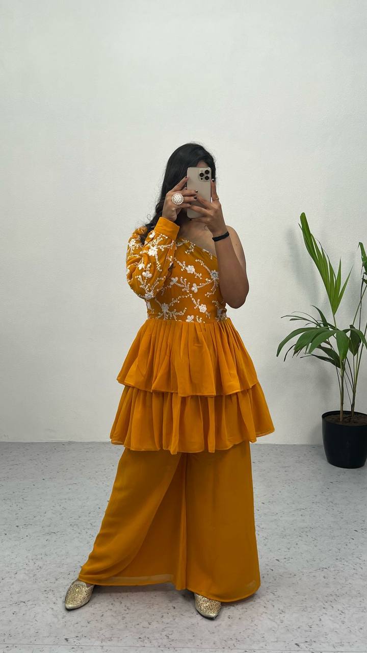 Yellow Elegant Embroidered Georgette Top & Palazzo Set – Chic & Classy! ClothsVilla Main image