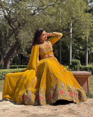 Yellow Elegant Faux Georgette Embroidered Lehenga Choli Set with Dupatta Thread, Sequin & Coding Dori Work Full-Stitched with Cancan Flair ClothsVilla
