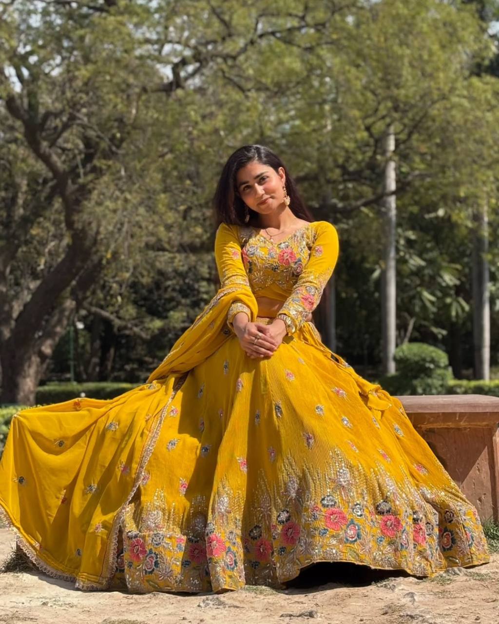 Yellow Elegant Faux Georgette Embroidered Lehenga Choli Set with Dupatta Thread, Sequin & Coding Dori Work Full-Stitched with Cancan Flair ClothsVilla