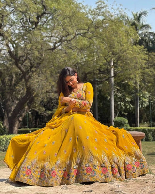 Yellow Elegant Faux Georgette Embroidered Lehenga Choli Set with Dupatta Thread, Sequin & Coding Dori Work Full-Stitched with Cancan Flair ClothsVilla