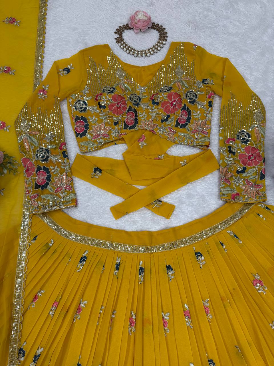 Yellow Elegant Faux Georgette Embroidered Lehenga Choli Set with Dupatta Thread, Sequin & Coding Dori Work Full-Stitched with Cancan Flair ClothsVilla