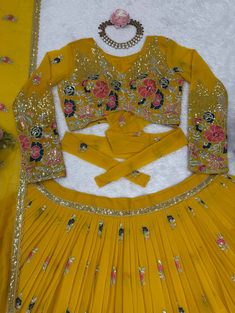 Yellow Elegant Faux Georgette Embroidered Lehenga Choli Set with Dupatta Thread, Sequin & Coding Dori Work Full-Stitched with Cancan Flair ClothsVilla