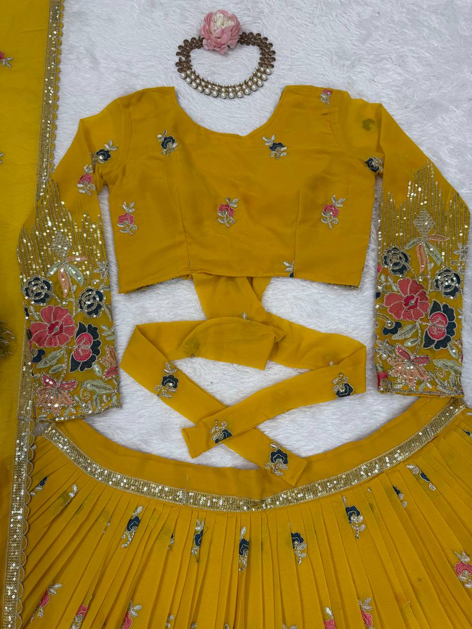 Yellow Elegant Faux Georgette Embroidered Lehenga Choli Set with Dupatta Thread, Sequin & Coding Dori Work Full-Stitched with Cancan Flair ClothsVilla