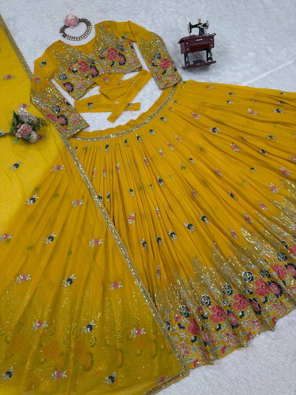 Yellow Elegant Faux Georgette Embroidered Lehenga Choli Set with Dupatta Thread, Sequin & Coding Dori Work Full-Stitched with Cancan Flair ClothsVilla