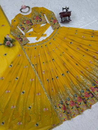Yellow Elegant Faux Georgette Embroidered Lehenga Choli Set with Dupatta Thread, Sequin & Coding Dori Work Full-Stitched with Cancan Flair ClothsVilla