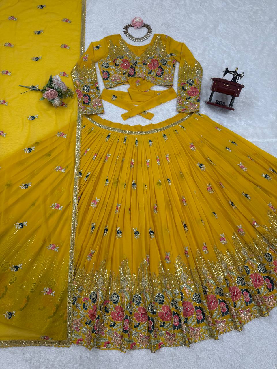 Yellow Elegant Faux Georgette Embroidered Lehenga Choli Set with Dupatta Thread, Sequin & Coding Dori Work Full-Stitched with Cancan Flair ClothsVilla