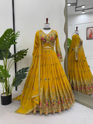 Yellow Elegant Faux Georgette Embroidered Lehenga Choli Set with Dupatta Thread, Sequin & Coding Dori Work Full-Stitched with Cancan Flair ClothsVilla