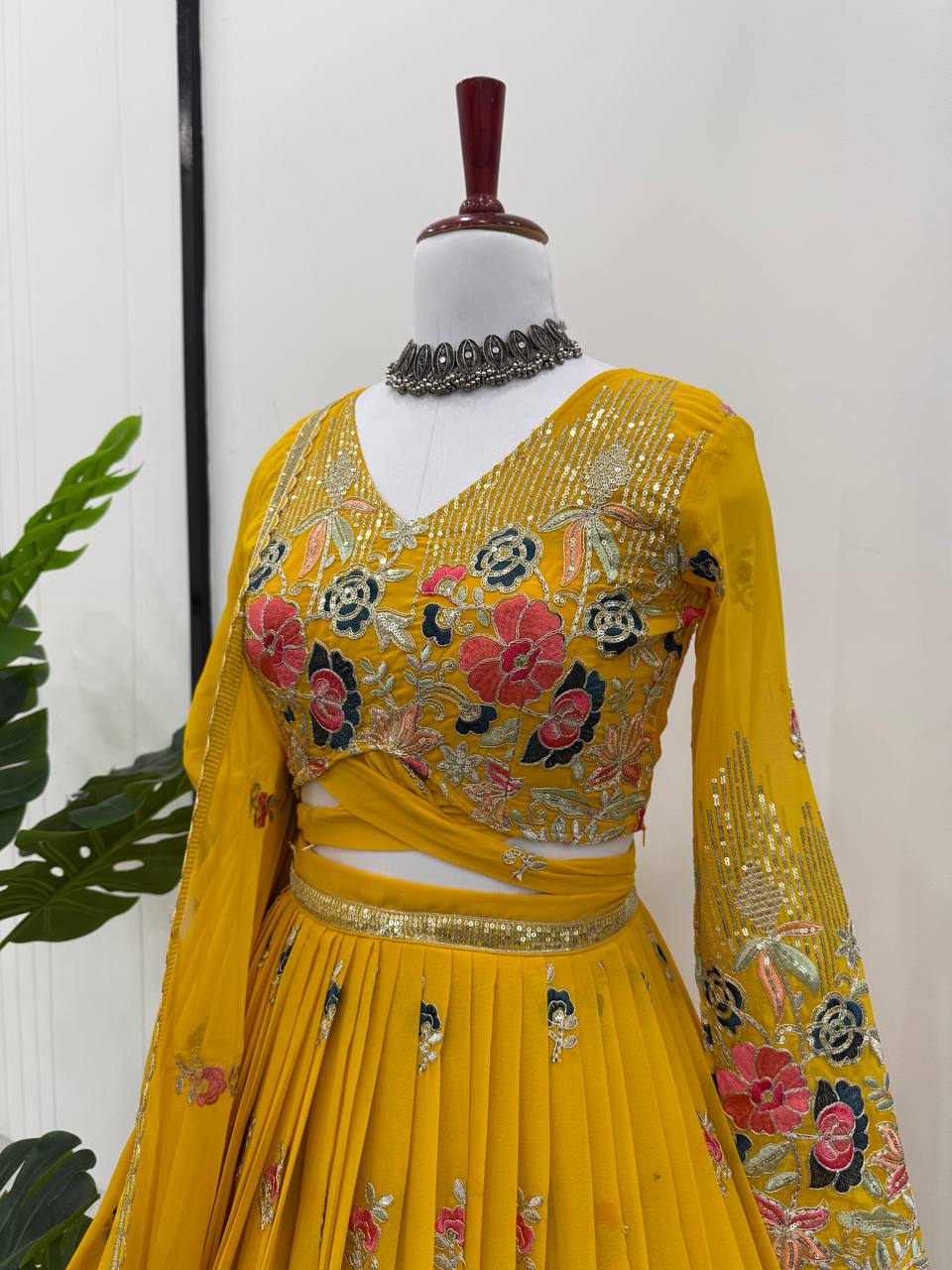 Yellow Elegant Faux Georgette Embroidered Lehenga Choli Set with Dupatta Thread, Sequin & Coding Dori Work Full-Stitched with Cancan Flair ClothsVilla