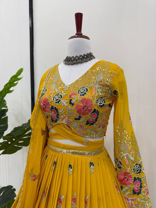 Yellow Elegant Faux Georgette Embroidered Lehenga Choli Set with Dupatta Thread, Sequin & Coding Dori Work Full-Stitched with Cancan Flair ClothsVilla
