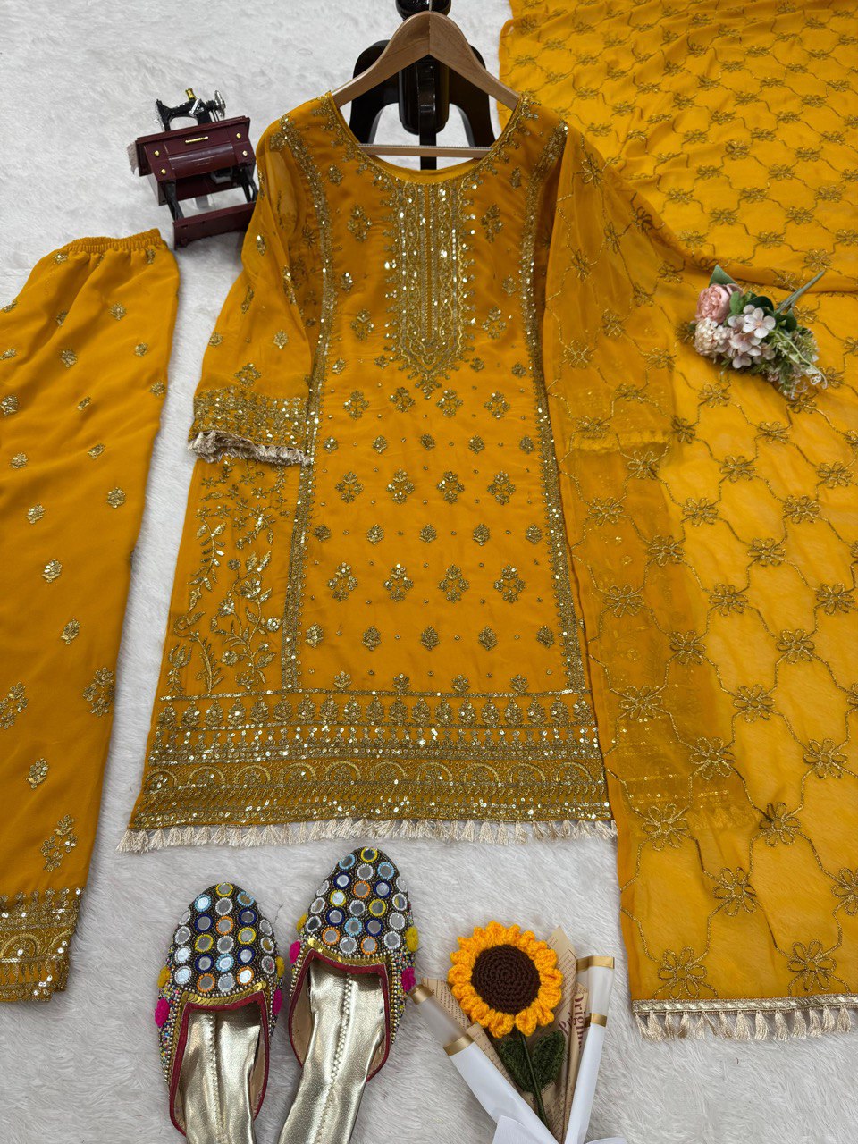 Yellow Elegant Faux Georgette Embroidered Plazo Set